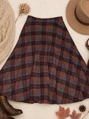 Vintage TOMBoy of California Plaid Circle Skirt Wool Blend Retro Midi